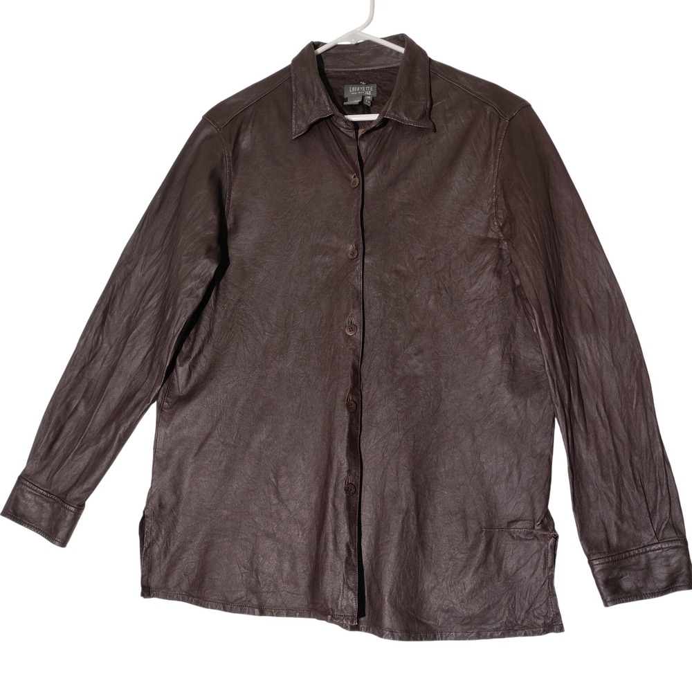 Lafayette 148 New York Brown Leather Button Down Shirt Size 16 Women - Imperfect